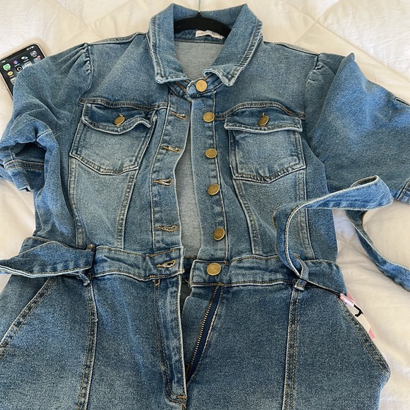 Avec Les Filles Puff Sleeve Denim Romper Shorts Size XS Blue - Picture 8 of 16